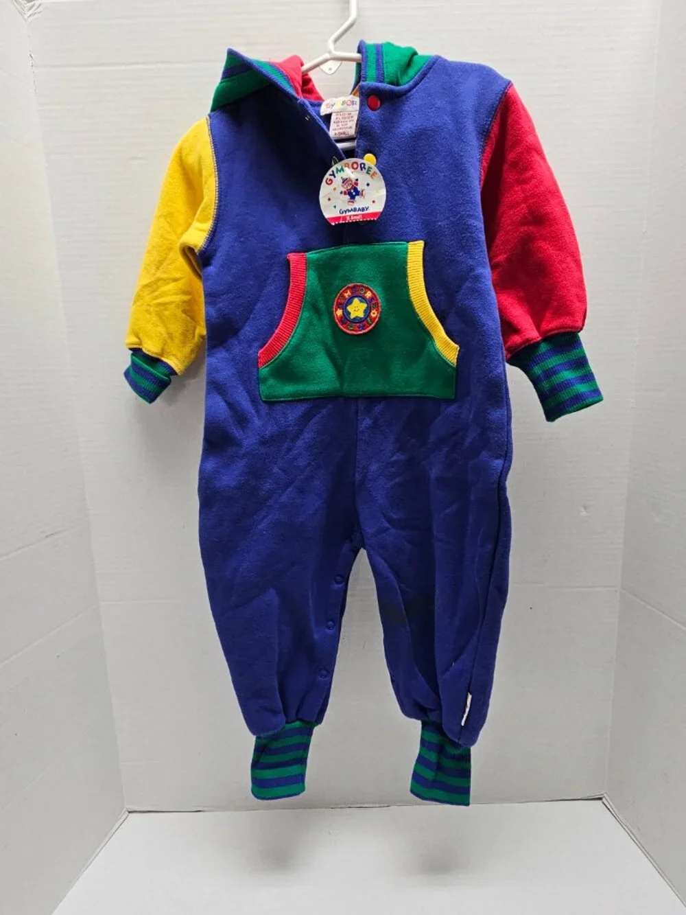 NEW Gymboree Vintage 1990s Block Color Hooded Fleece Infant Jumpsuit Star XS